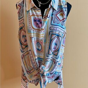 Rose & Olive Geometric Palm Print Sleeveless Blouse XL. NWT